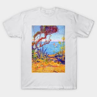 Italy Mediterranean Beach Seascape with Plants & Sailboats 1932 William de Leftwich Dodge T-Shirt